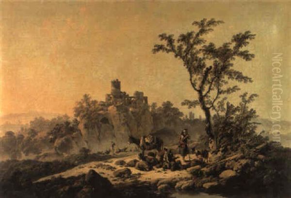 Paysage Avec Des Bergers Discutant Pres D'un Etang Et Des Ruines Oil Painting by Jean Baptiste Pillement