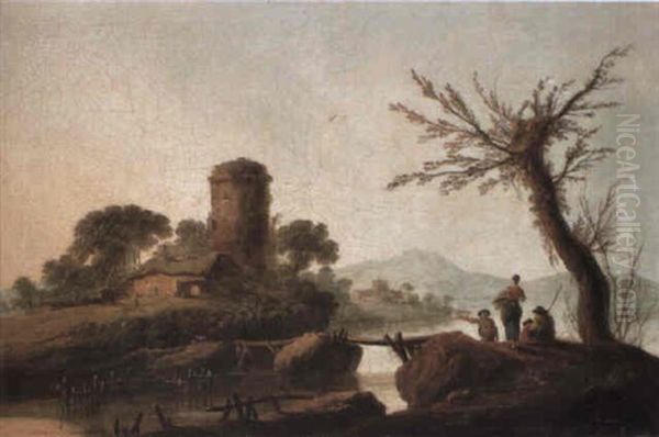 Italianate River Landscape With Figures Oil Painting by Jean Baptiste Pillement