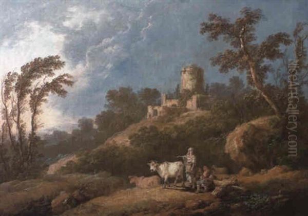 A Wooded, Hilly Landscape With Peasants And Farm Animals Oil Painting by Jean Baptiste Pillement