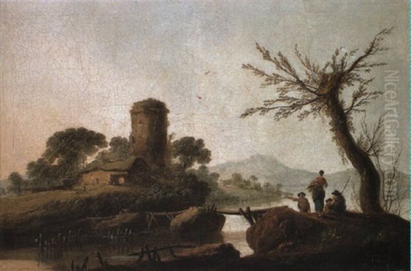 Italianate River Landscapes With Figures Oil Painting by Jean Baptiste Pillement