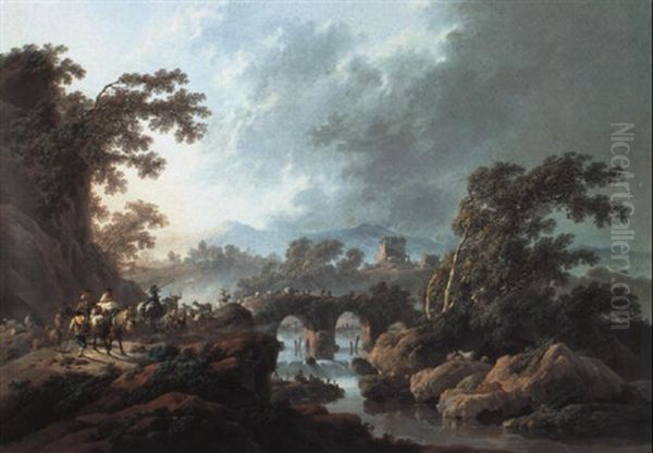 River Landscape With Drovers, Cattle And Goats Crossing A Bridge Oil Painting by Jean Baptiste Pillement