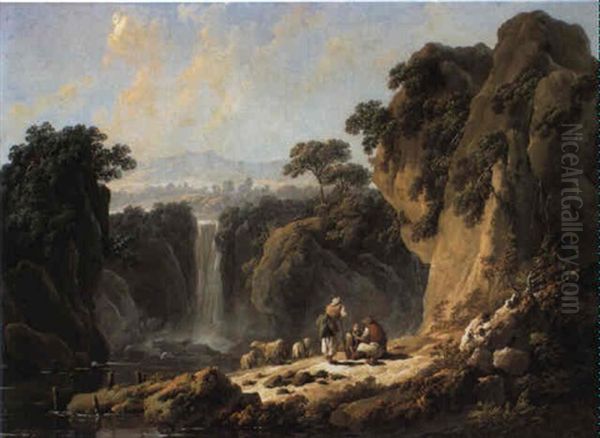 Rocky Landscape With Waterfall And Shepherds by Jean Baptiste Pillement