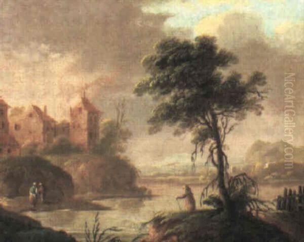 River Landscape With A Village Oil Painting by Jean Baptiste Pillement