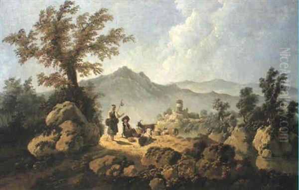 Rocky, River Landscape With A Peasant Girl And A Shepherd Boy Oil Painting by Jean Baptiste Pillement