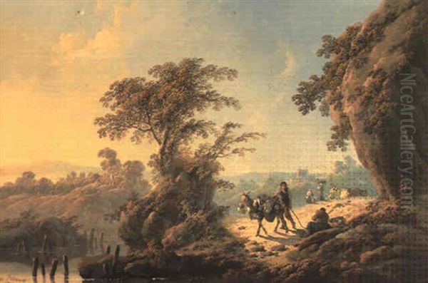 Paysage Avec Des Rochers Au Coucher Du Soleil, Et Des       Paysans Pres D'une Riviere Oil Painting by Jean Baptiste Pillement