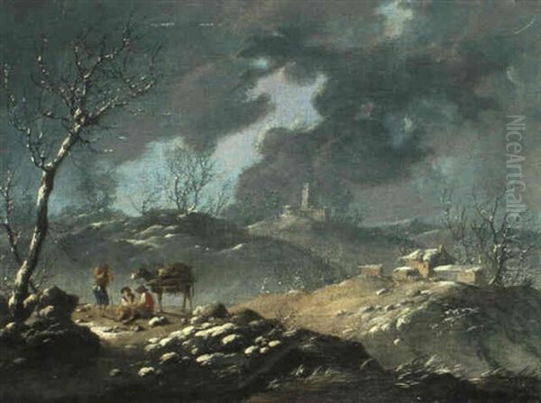 Hirten In Einer Winterlichen Landschaft Oil Painting by Jean Baptiste Pillement