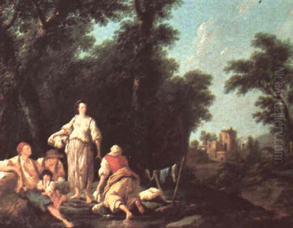 Gypsy Family Laundering In A Stream Amid A Landscape With   Ruin Oil Painting by Jean Baptiste Pillement