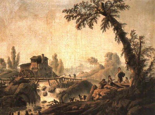 Paysage Au Moulin Et Pont De Bois Oil Painting by Jean Baptiste Pillement