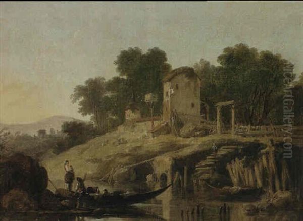 A River Landscape With Figures And A Ferry Boat Near Farm   Buildings Oil Painting by Jean Baptiste Pillement