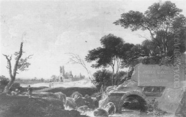 An Extensive River Landscape With A Ruined Bridge, A        Tombstone And A Ruin Beyond Oil Painting by Jean Baptiste Pillement