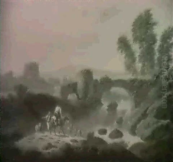 Paysage Anime Avec Pont Fortifie Enjambant Une Riviere Oil Painting by Jean Baptiste Pillement