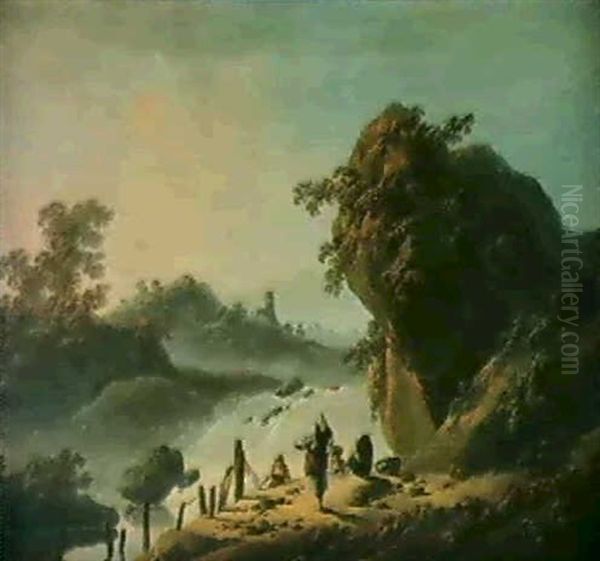 Lavandieres Dans Un Paysage De Cascades Au Portugal;        Bord De Mer Au Portugal Au Coucher Du Soleil Oil Painting by Jean Baptiste Pillement