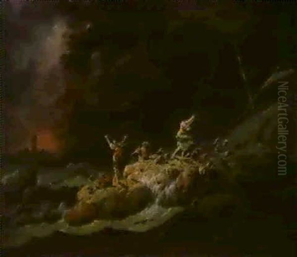 Shipwrecked Figures On A Rocky Coast Oil Painting by Jean Baptiste Pillement