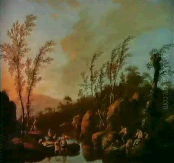 Pecheurs Et Lavandieres Dans Un                             Paysage Oil Painting by Jean Baptiste Pillement