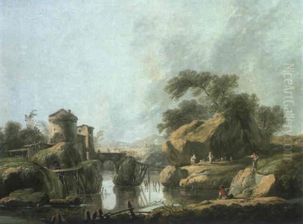 Paysage De Riviere Au Portugal Avec Des Bergers Oil Painting by Jean Baptiste Pillement