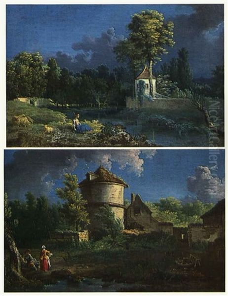 Figures By A Brook With A Dovecote And Other Buildings      In The Distance And A Sheperdhess Oil Painting by Jean Baptiste Pillement