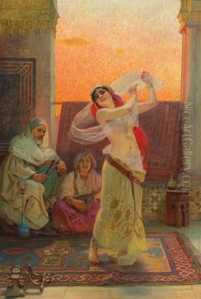 An Oriental Beauty Dancing Oil Painting by Otto Pilny