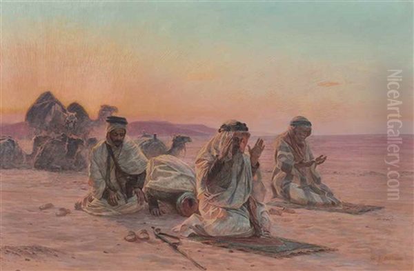 Praying In The Desert Oil Painting by Otto Pilny