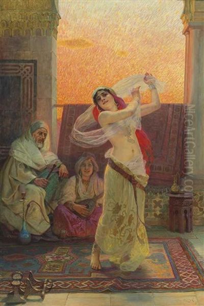 An Oriental Beauty Dancing Oil Painting by Otto Pilny