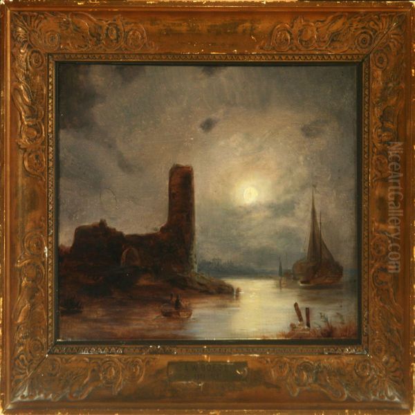 Coastal Scenery Withruined Castle In Moonlight Oil Painting by August Vilhelm Boesen