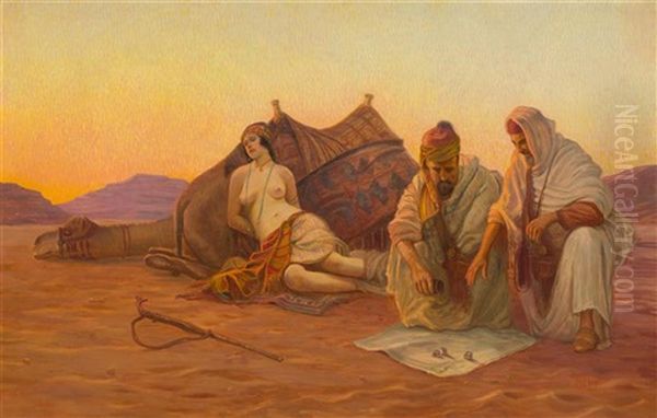 Playing Dice In The Desert Oil Painting by Otto Pilny