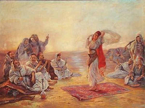 Bedouins Enjoying A Young Girl Dancing Oil Painting by Otto Pilny