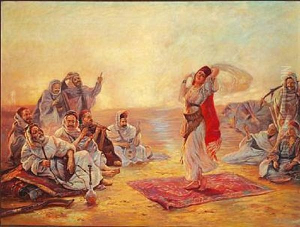 Bedouins Enjoying A Young Girl Dancing Oil Painting by Otto Pilny