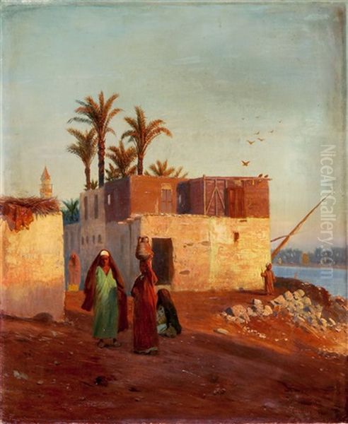 Frauen Beim Wasserholen Vor Einer Orientalischen Stadt Oil Painting by Otto Pilny