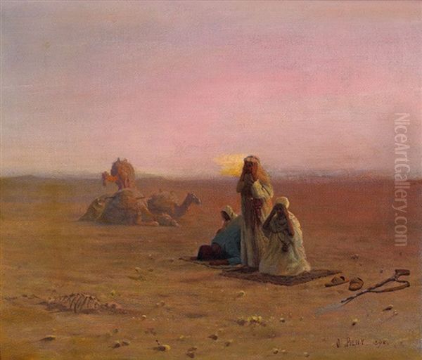 Araber Beim Abendgebet In Der Wuste Oil Painting by Otto Pilny