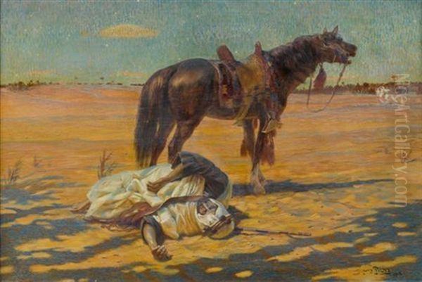 Krieger Und Pferd In Der Wuste Oil Painting by Otto Pilny