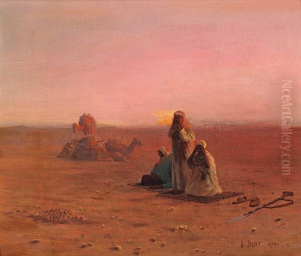 Araber Beim Abendgebet In Der Wuste Mit Kamelen Oil Painting by Otto Pilny