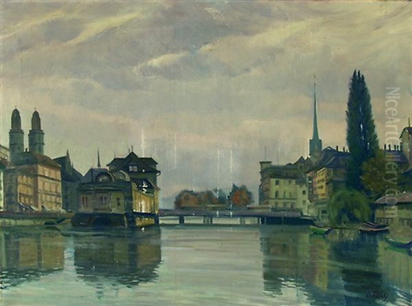 Ansicht Der Gemusebrucke In Zurich Mit Helmhaus, Grossmunster Und St. Peter Oil Painting by Otto Pilny