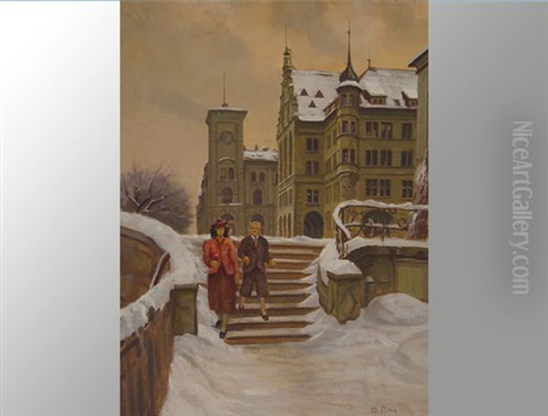 Stadthaus Zurich Im Winter Oil Painting by Otto Pilny