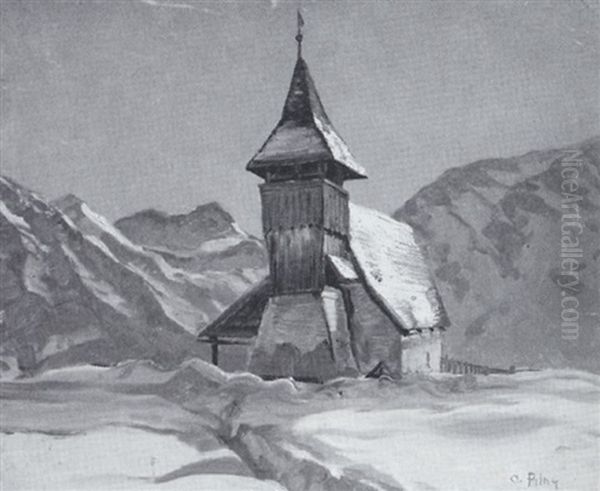 Winterliche Gebirgskapelle Oil Painting by Otto Pilny