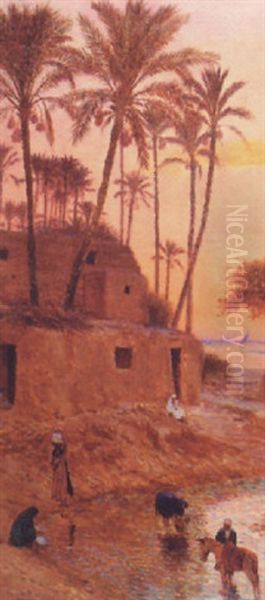 A Village On The Banks Of The Nile Oil Painting by Otto Pilny