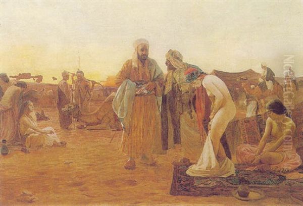 A Slave Market In The Desert Oil Painting by Otto Pilny