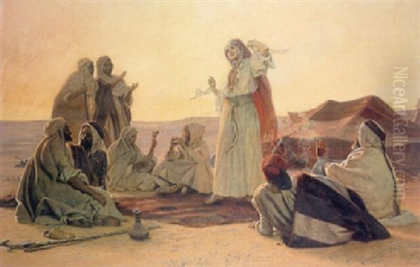 An Arab Girl Dancing With Onlookers In A Desert Encampment Oil Painting by Otto Pilny