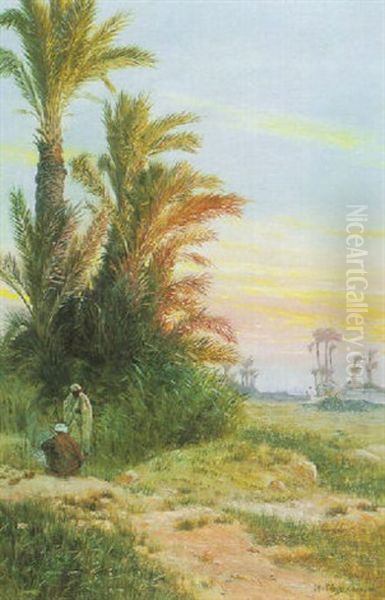 Bedouins In An Oasis Oil Painting by Otto Pilny