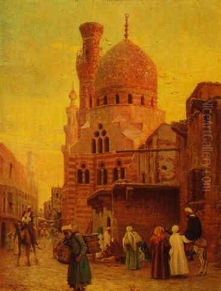 Arab Street Scene With Mosque Oil Painting by Otto Pilny