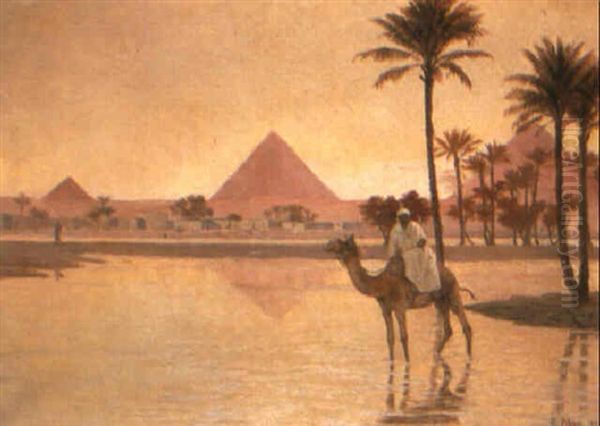 The Pyramids At Sunset With An Arab On A Camel Oil Painting by Otto Pilny