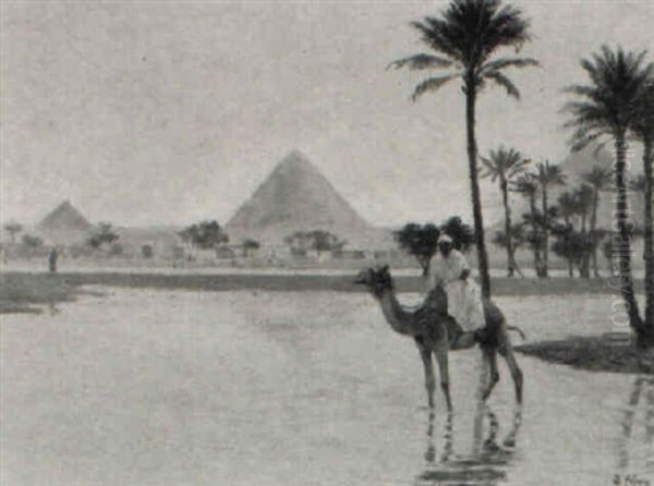 Camel And Rider At An Oasis Before The Pyramids Oil Painting by Otto Pilny