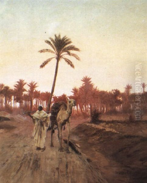 An Arab And His Camel At Sunset Oil Painting by Otto Pilny