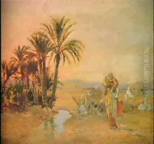 Wassertragerin In Der Oase Oil Painting by Otto Pilny