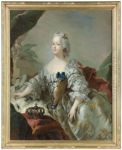 Portrait Of Louisa, Queen Of Denmark (1724-1751), Half-length, In A Gold Embroidered White Silk Dress Set With Precious Stones And Pearls, With An Ermine-lined Red Cape, Pearl Earrings And Headdress Oil Painting by Carl Gustav Pilo