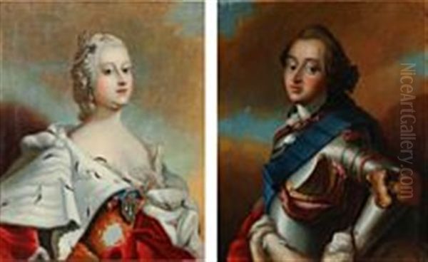 A Pair Of Portraits Of King Frederik V And Queen Louise Oil Painting by Carl Gustav Pilo