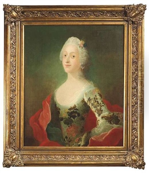 Louisa, Konigin Von Danemark In Einem Blaugrauen Seidenkleid Mit Aufgesetztem Floralem Dekor Im Stil Der Turquerie-mode Und Einen Rotem Mantel Oil Painting by Carl Gustav Pilo