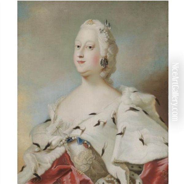 Portrait Of Queen Louis Of Denmark (1724-1751), Half Length, Wearing An Ermine Lined Robe Oil Painting by Carl Gustav Pilo