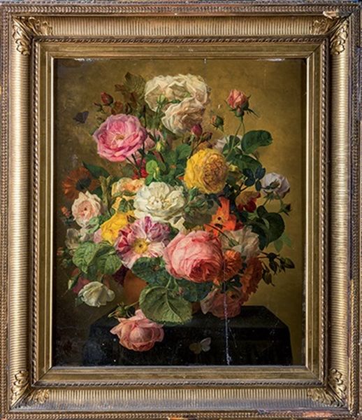 Bouquet De Fleurs Sur Une Table Garnie D'un Tapis De Velours Oil Painting by E. Agathe Pilon