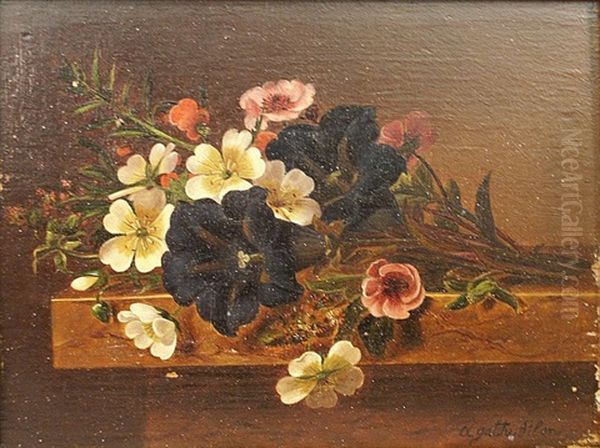 Floral Still Life On A Ledge Oil Painting by E. Agathe Pilon