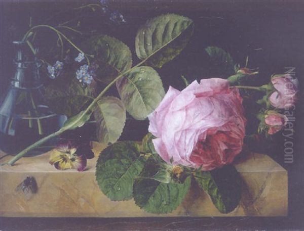 Roses, A Pansy, Forget-me-nots In A Glass Vase And A Fly On A Marble Ledge Oil Painting by E. Agathe Pilon